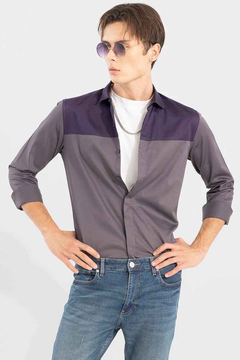 سنيتش Grey Colour Blocked Long Sleeve Slim Fit Casual Shirt