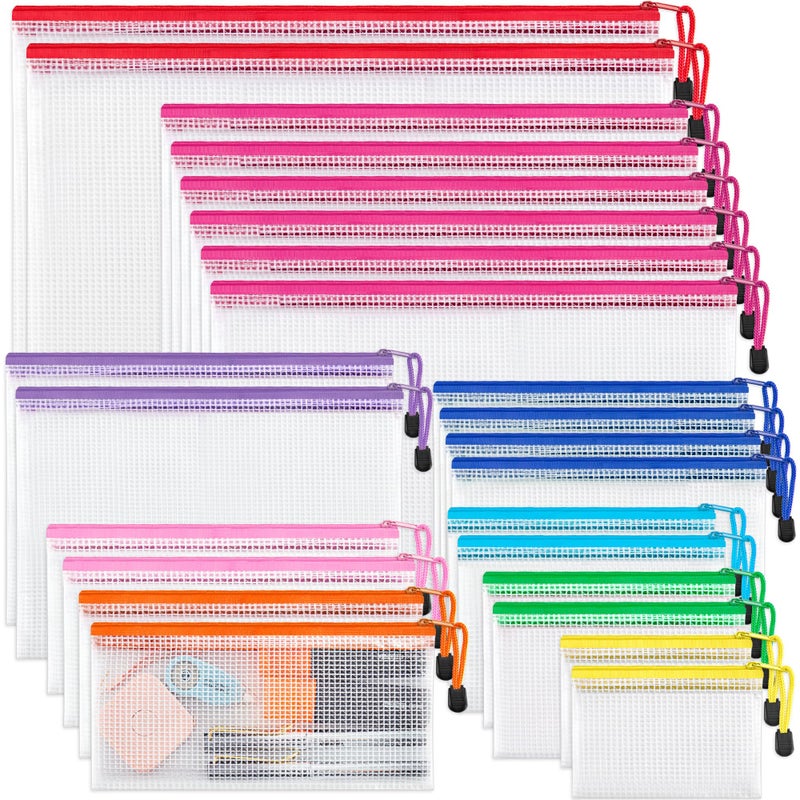 JARLINK 24 Pack 8 Sizes Mesh Pouch, 9 Colors, Waterproof Zipper File Bags Document Multipurpose Travel Bags for Office, School, Board Game, Puzzles, Cosmetics, Travel Accessories, and Home Organize - Image 1