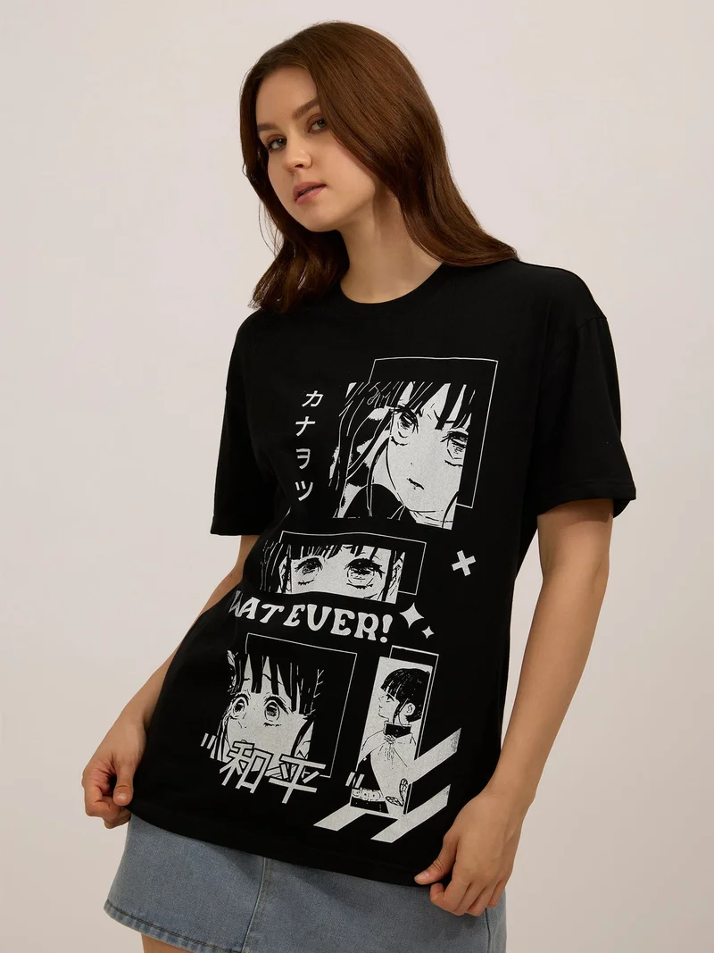 Outzidr  Black Graphic Oversized T-Shirt for Women | Best Price UAE
