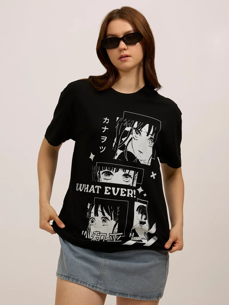 Outzidr  Black Graphic Oversized T-Shirt for Women | Best Price UAE