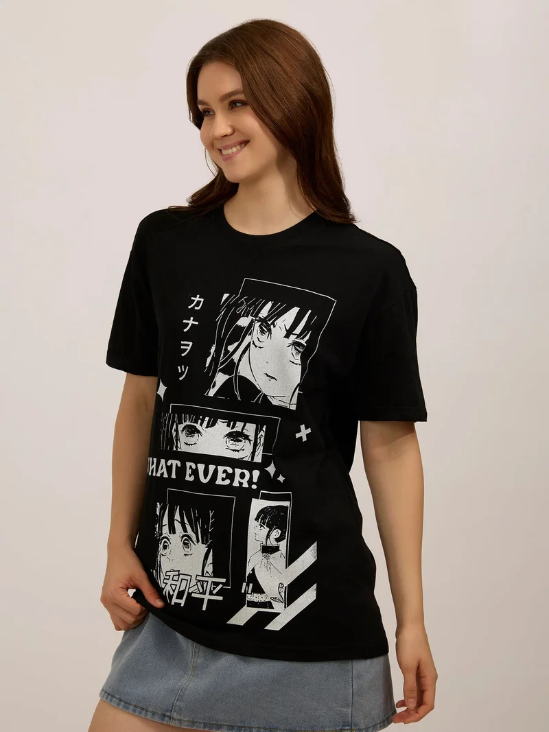 Outzidr  Black Graphic Oversized T-Shirt for Women | Best Price UAE