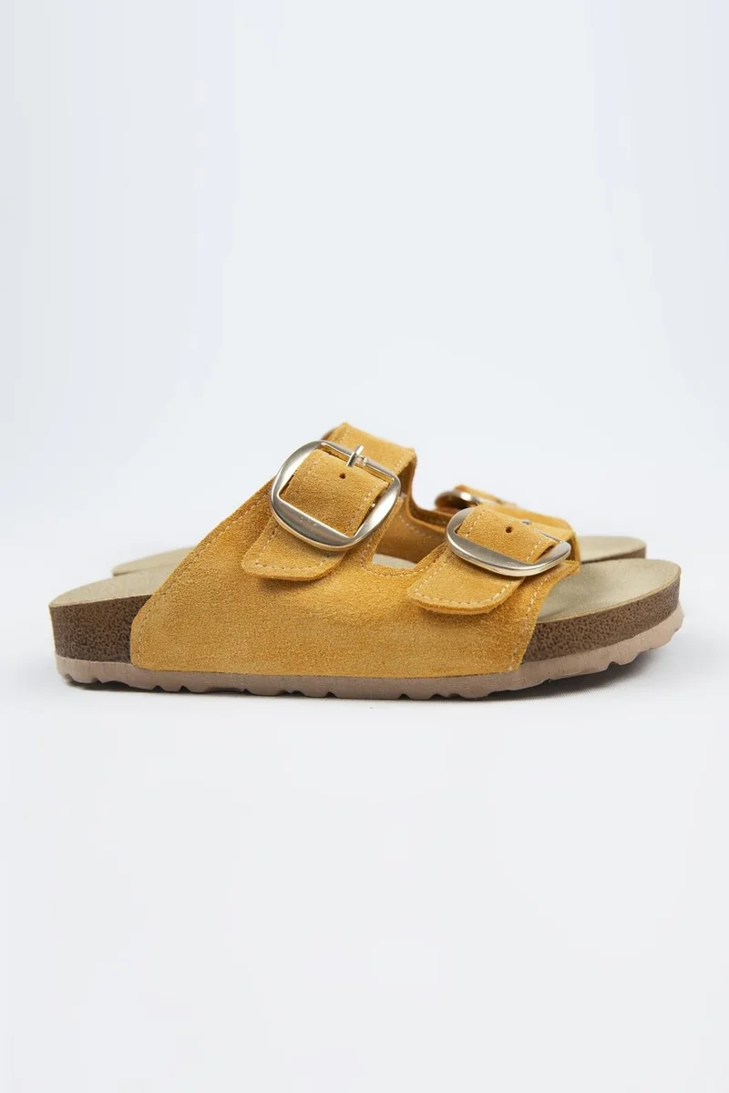 Manijero Manijero Irene Genuine Leather Double Buckle Mustard Slippers