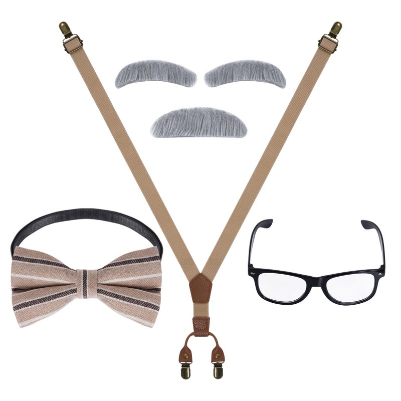 Mifengda Kids Old Man Costume 100 Day Of School Grandpa Costume For Boys 1920S Old Man Outfit Halloween Dress Up Set Including Bow Tie Beard Eyebrow Suspenders Glasses For Kids Boy Halloween (Khaki) - Image 4