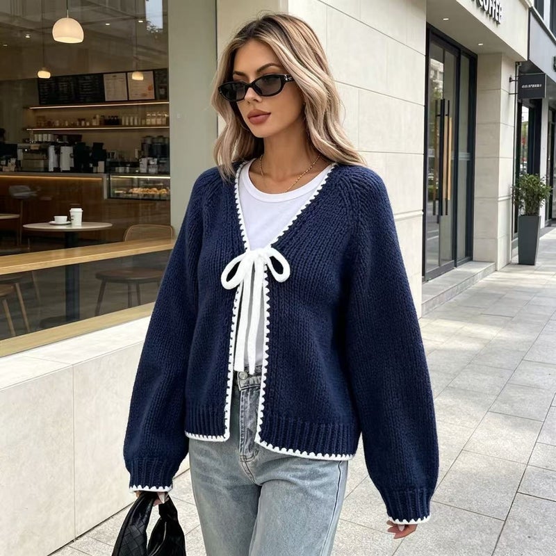 Women's Tie Waist V Neck Long Sleeve Knit Cardigan - Image 3