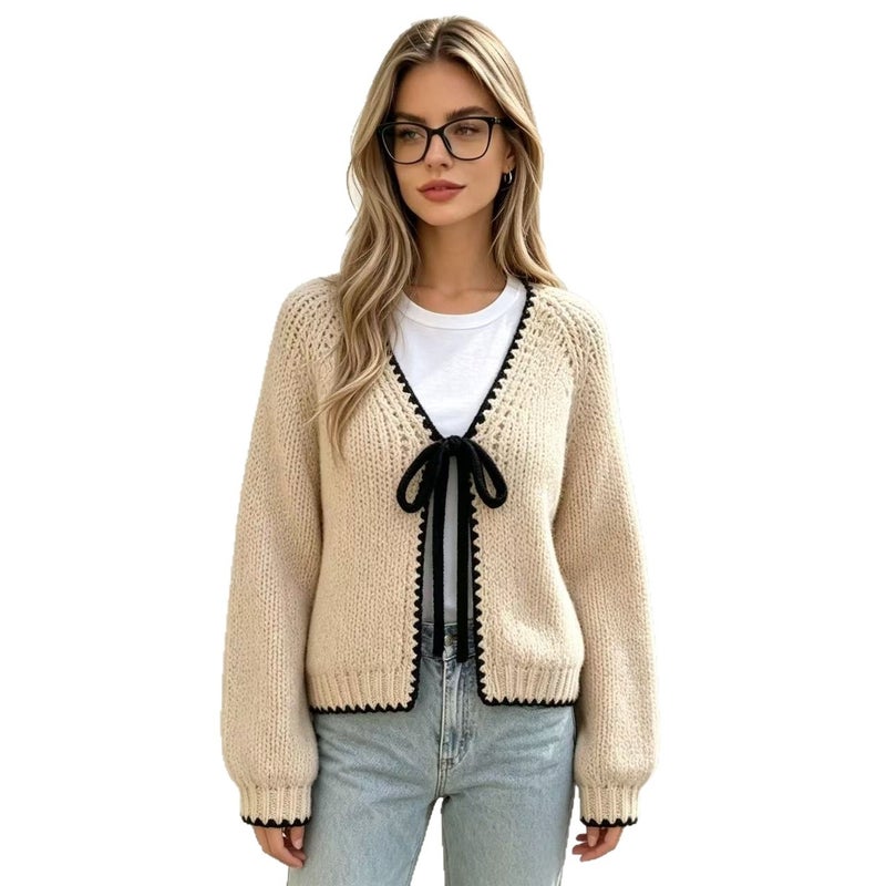 Women's Tie Waist V Neck Long Sleeve Knit Cardigan - Image 5