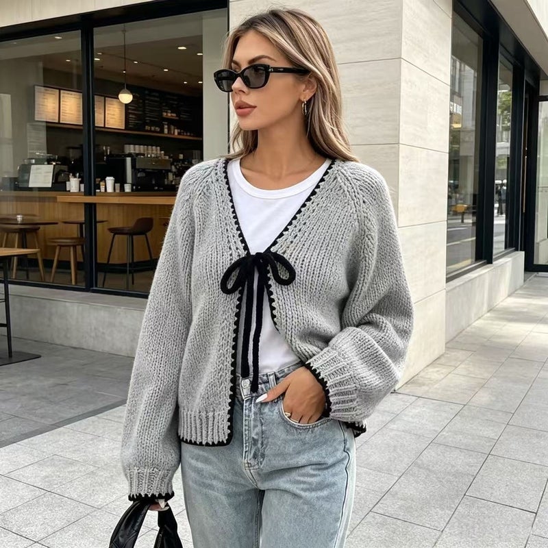 Women's Tie Waist V Neck Long Sleeve Knit Cardigan - Image 1
