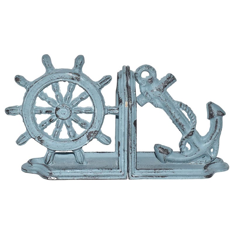 JUCONSIN JUCONSIN Anchor Bookends Antique Blue Nautical Ship Wheel and Anchor Decorative Bookends Set Heavy Duty Cast Iron Cute Bookends for Office Home Desk Bookrack Shelves