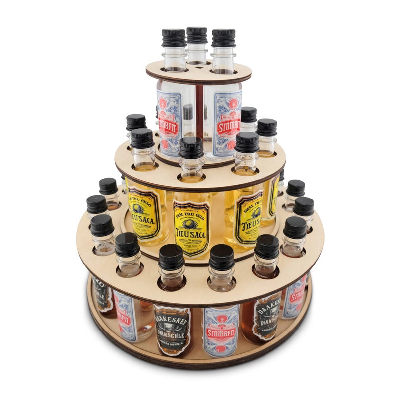 Shot Cake Party Centerpiece Display for Mini Liquor Bottles | 21st Birthday Holiday Celebration Decoration (Three Tier, Natural Wood) - Image 1