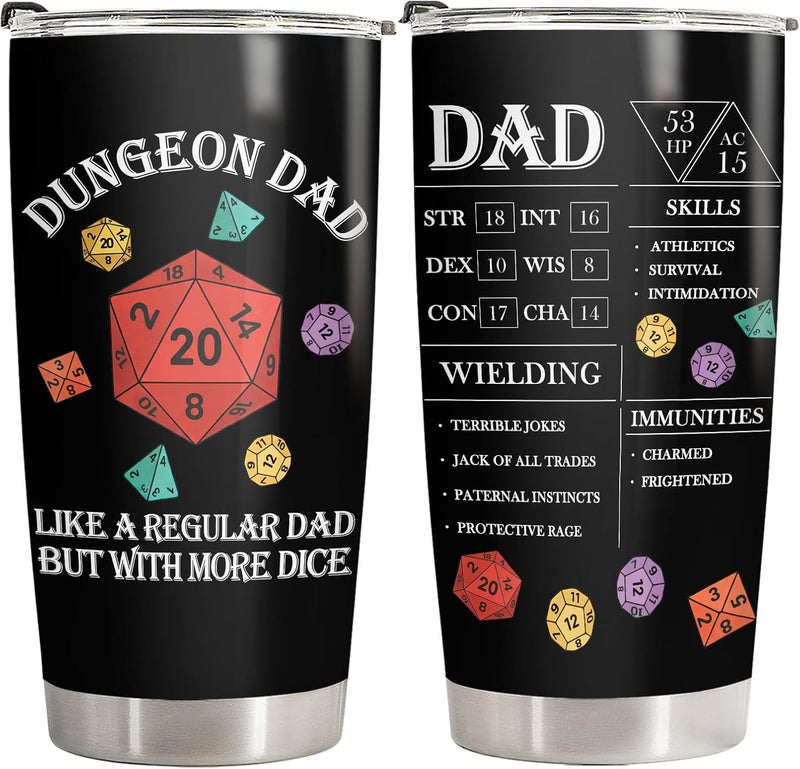 34HD Dungeon Dad Tumbler 20oz with Lid, DND Daddy Insulated Travel Coffee Mug, Funny RPG Dragons Dice Father's Day Gift - Birthday Present to Men, Papa and Husband - Image 1