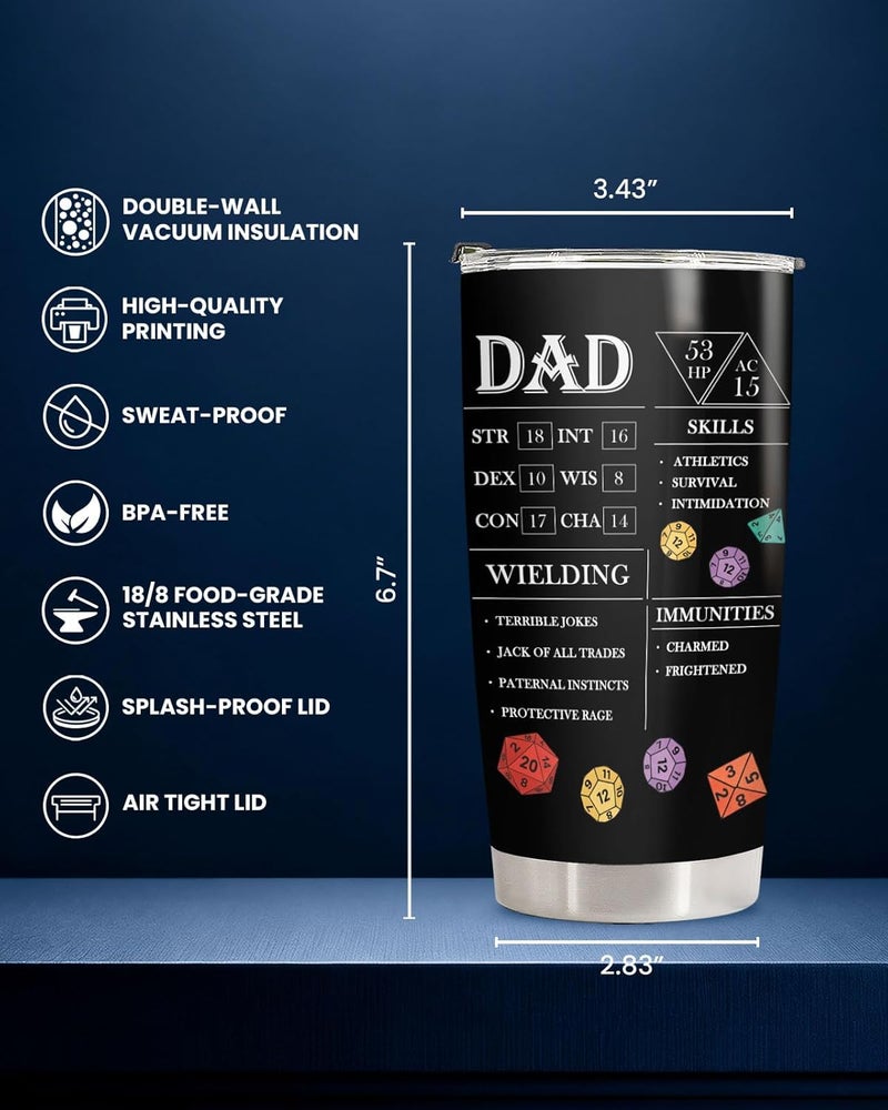 34HD Dungeon Dad Tumbler 20oz with Lid, DND Daddy Insulated Travel Coffee Mug, Funny RPG Dragons Dice Father's Day Gift - Birthday Present to Men, Papa and Husband - Image 2