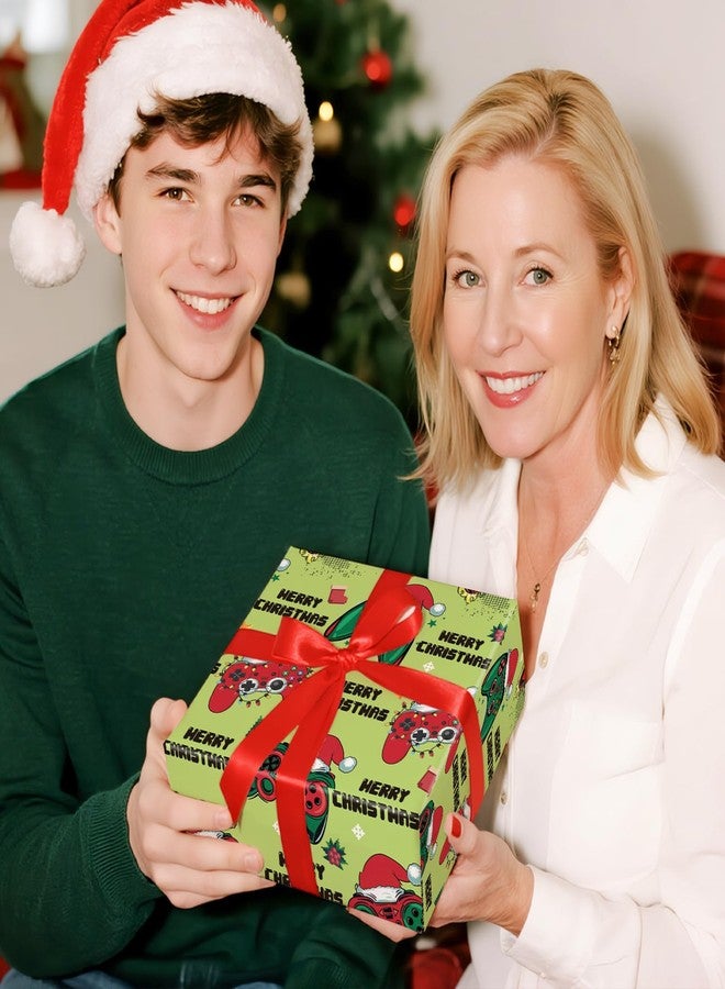 LeZakaa Gamer Christmas Wrapping Paper for Kid Boy Men, Video Game Controller Santa Hat, Novelty Green Design, Christmas Gifts for Winter Holiday Party Favors DIY Craft, Mini Roll 17 in x 16.4 Ft - Image 5