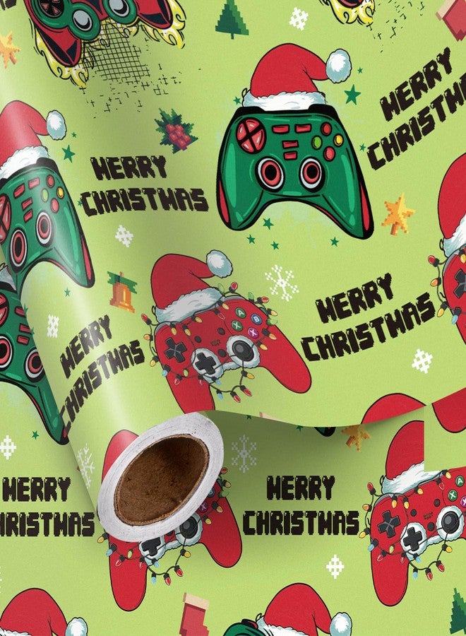 LeZakaa Gamer Christmas Wrapping Paper for Kid Boy Men, Video Game Controller Santa Hat, Novelty Green Design, Christmas Gifts for Winter Holiday Party Favors DIY Craft, Mini Roll 17 in x 16.4 Ft - Image 1