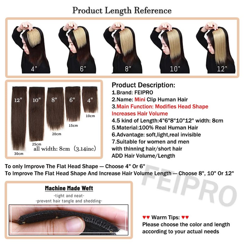 FEIPRO Real Remy Human Hair Clip in Hair Extensions Short Straight Thick Double Weft One Piece Hair Pieces for Thinning Invisible Hairpin Increase Women Men Hair Volume 8 inch#2 Brown - Image 3