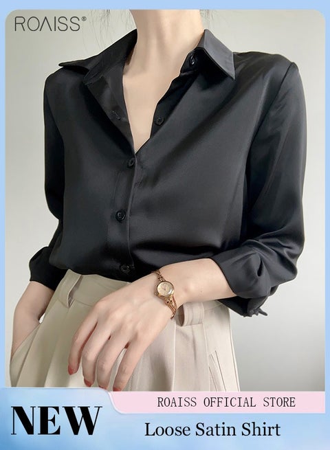 قميص نسائي من الساتان المضيء قميص فضفاض متعدد الاستخدامات بياقة بولو كلاسيكية قميص بأكمام طويلة مع زر للإغلاق
