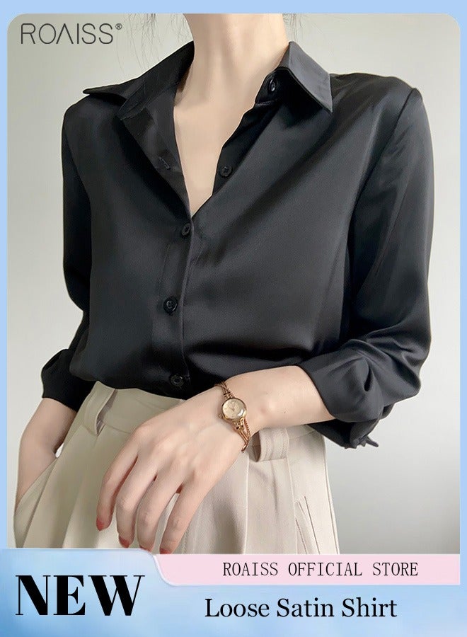 roaiss Women's Satin Luminous Drape Shirt Casual Versatile Loose Top Classic Polo Collar Long Sleeved Shirt With Button Closure  - Image 1