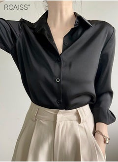 roaiss Women's Satin Luminous Drape Shirt Casual Versatile Loose Top Classic Polo Collar Long Sleeved Shirt With Button Closure  - Image 3