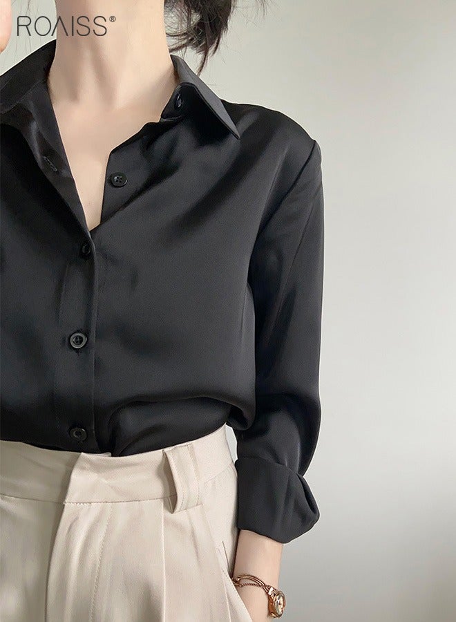roaiss Women's Satin Luminous Drape Shirt Casual Versatile Loose Top Classic Polo Collar Long Sleeved Shirt With Button Closure  - Image 2