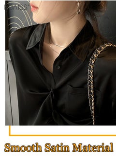 roaiss Women's Satin Luminous Drape Shirt Casual Versatile Loose Top Classic Polo Collar Long Sleeved Shirt With Button Closure  - Image 4