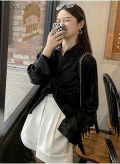 roaiss Women's Satin Luminous Drape Shirt Casual Versatile Loose Top Classic Polo Collar Long Sleeved Shirt With Button Closure  - Image 5