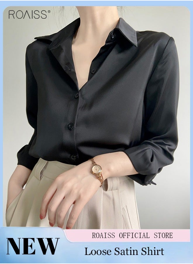 Women's Satin Luminous Drape Shirt Casual Versatile Loose Top Classic Polo Collar Long Sleeved Shirt With Button Closure - pzsku/ZCE93B94C29B46FBD9CC5Z/45/_/1703664179/0a924fc2-5ccd-4024-b4d7-4c6147972103