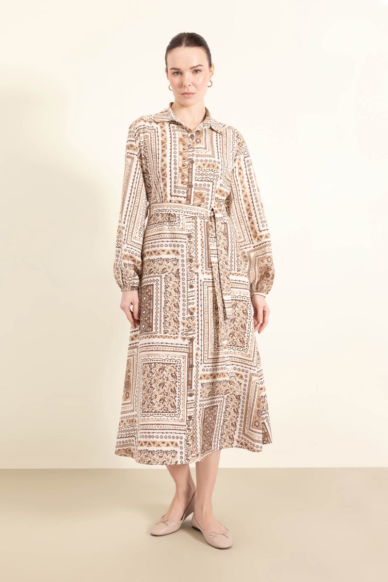 DeFacto Brown Woman Shirt Collar Patterned Aerobin Belted Midi Dress Casual - Image 1