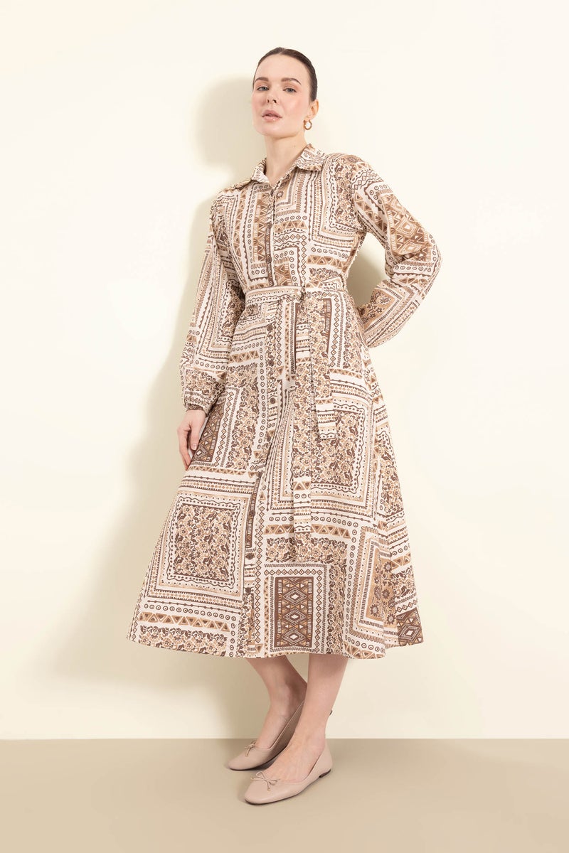 DeFacto Brown Woman Shirt Collar Patterned Aerobin Belted Midi Dress Casual - Image 2
