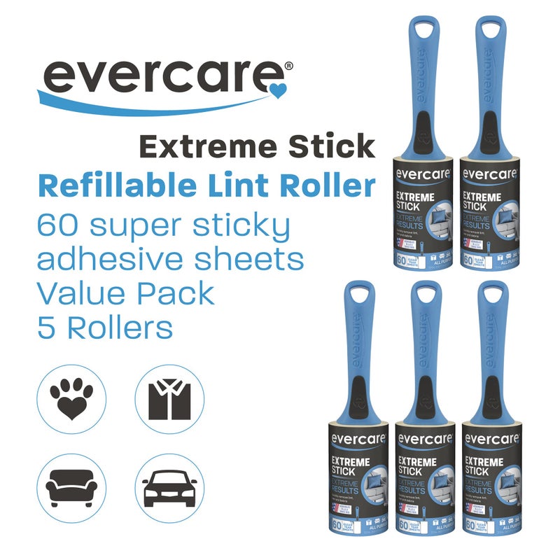 Evercare All Purpose Lint Brush, Value Pack - 5 Rollers (300 Sheets Total), Blue - Image 2