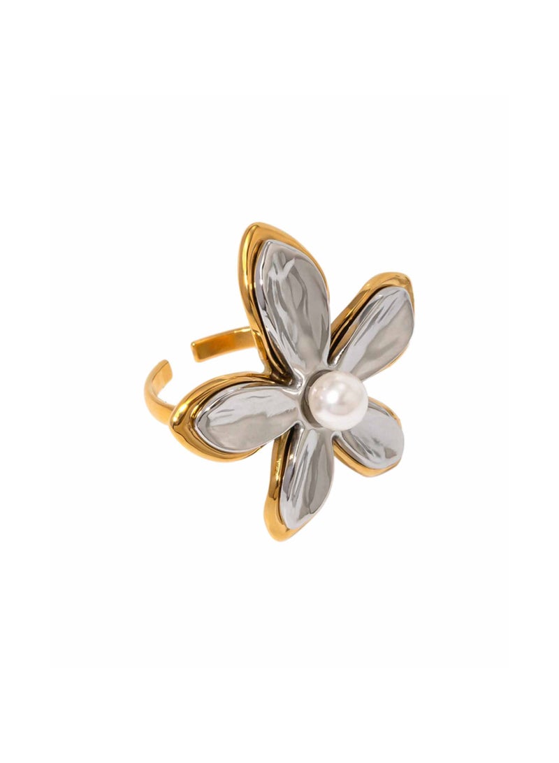 KAAF CREATIONS 18K Gold Plated Stainless Steel, Two-Tone Flower Ring with Pearl Center, Adjustable - Image 1