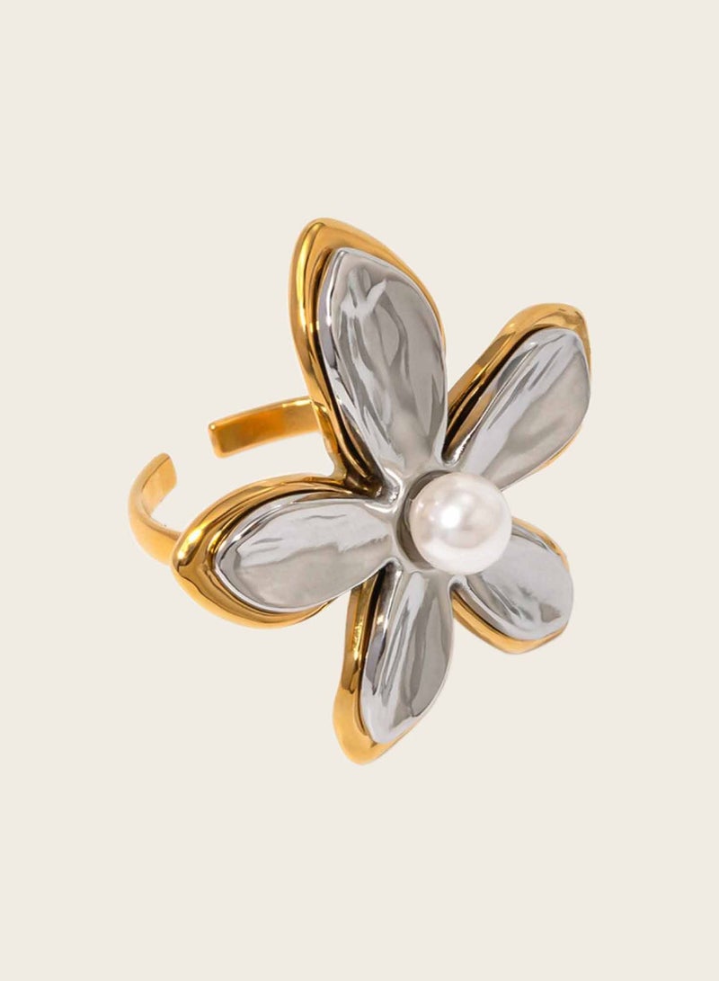 KAAF CREATIONS 18K Gold Plated Stainless Steel, Two-Tone Flower Ring with Pearl Center, Adjustable - Image 3