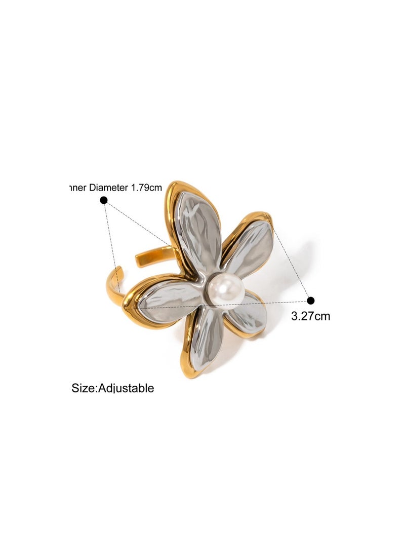 KAAF CREATIONS 18K Gold Plated Stainless Steel, Two-Tone Flower Ring with Pearl Center, Adjustable - Image 2