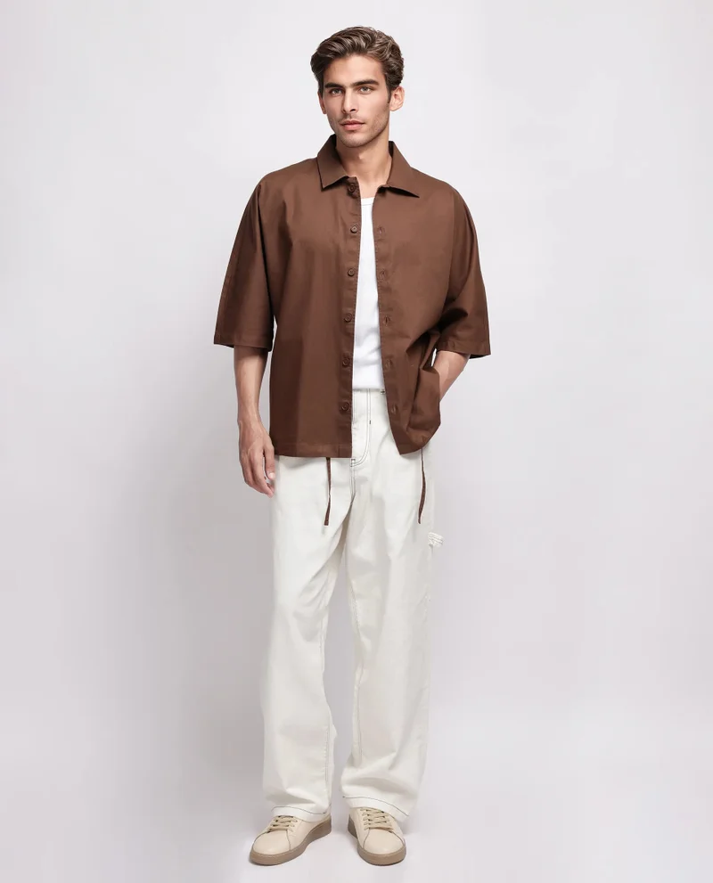Rare Rabbit Rare Rabbit Men's Twillt Brown Cotton Fabric Full Sleeve Collared Neck Button Closure Plain Shirt