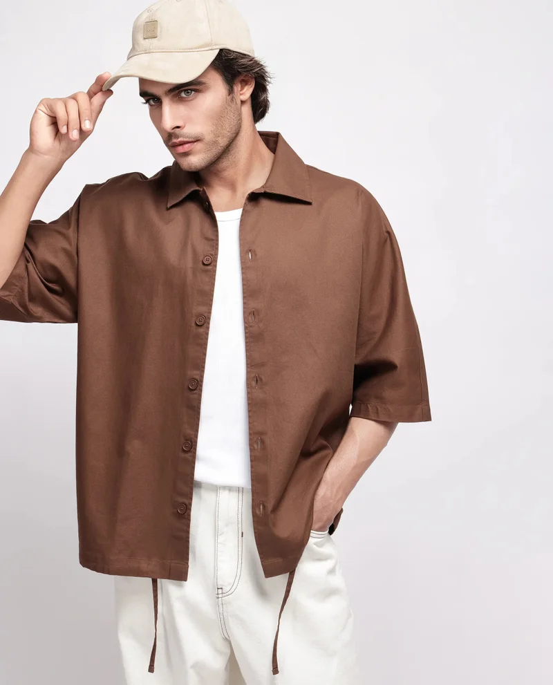 Rare Rabbit Rare Rabbit Men's Twillt Brown Cotton Fabric Full Sleeve Collared Neck Button Closure Plain Shirt