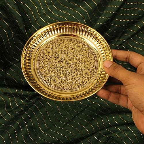 Putrika Handcrafted Brass Puja Thali | Engraved Arati Bartan Thambulam - Designer Halwa Plate (13cm, 1) - Image 2