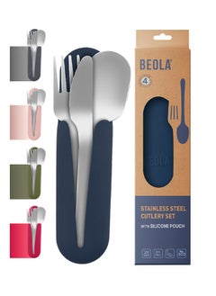 BEOLA Stainless Steel Cutlery Set, Travel Utensils Set with Silicone Case Pouch, Fork Spoon Knife Camping Set, Cutlery Set for Kids School, Set of 4 (Marine Blue)  - Image 1
