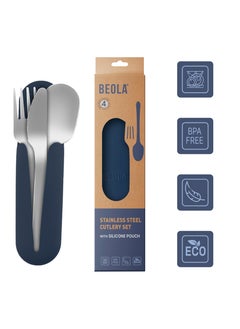 BEOLA Stainless Steel Cutlery Set, Travel Utensils Set with Silicone Case Pouch, Fork Spoon Knife Camping Set, Cutlery Set for Kids School, Set of 4 (Marine Blue)  - Image 3