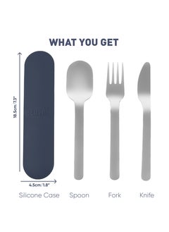 BEOLA Stainless Steel Cutlery Set, Travel Utensils Set with Silicone Case Pouch, Fork Spoon Knife Camping Set, Cutlery Set for Kids School, Set of 4 (Marine Blue)  - Image 2