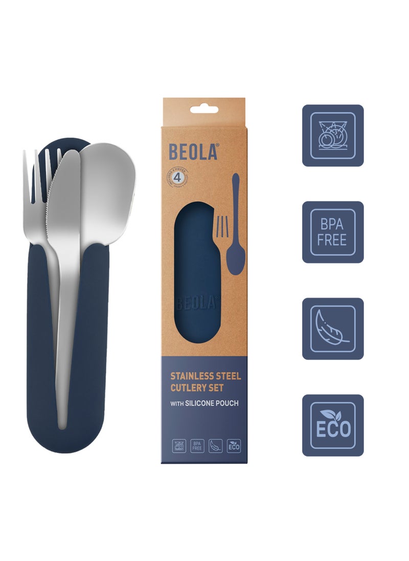 BEOLA Stainless Steel Cutlery Set, Travel Utensils Set with Silicone Case Pouch, Fork Spoon Knife Camping Set, Cutlery Set for Kids School, Set of 4 (Marine Blue)  - Image 3