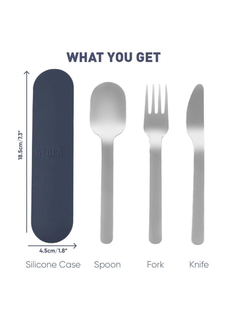 BEOLA Stainless Steel Cutlery Set, Travel Utensils Set with Silicone Case Pouch, Fork Spoon Knife Camping Set, Cutlery Set for Kids School, Set of 4 (Marine Blue)  - Image 2