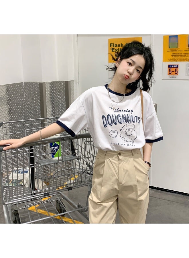 Tonlion Summer Women's Round Neck Front Chest Line Pattern Contrast Trim Short Sleeve T-shirt - Image 3