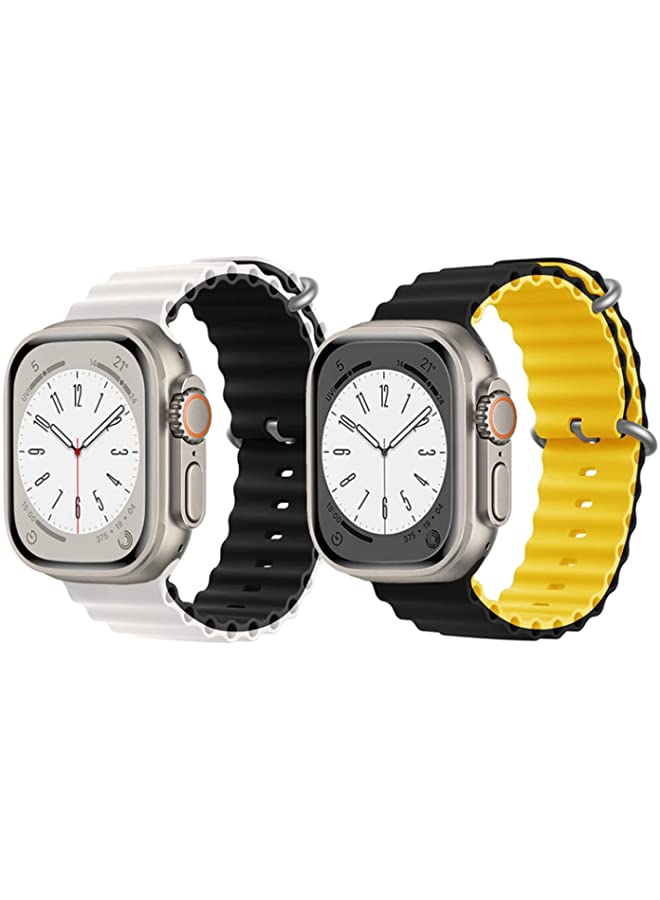 IAF Silicone Ocean Band Strap for Apple Watch Ultra 8 49mm White/Black Double Side Strap with Black/Yellow Double Side Strap Set of 2