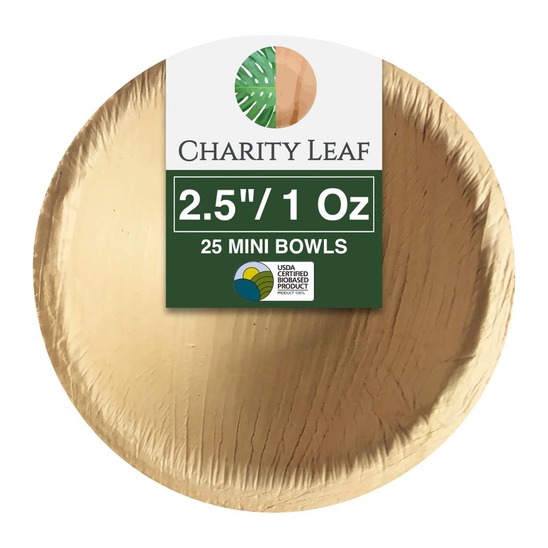 Charity Leaf Disposable Palm Leaf 25 Round Mini Bowl 25 pcs Dipping Bowls  Bamboo Like All Natural and Biodegradable  Charcuterie Boards BBQs and Parties