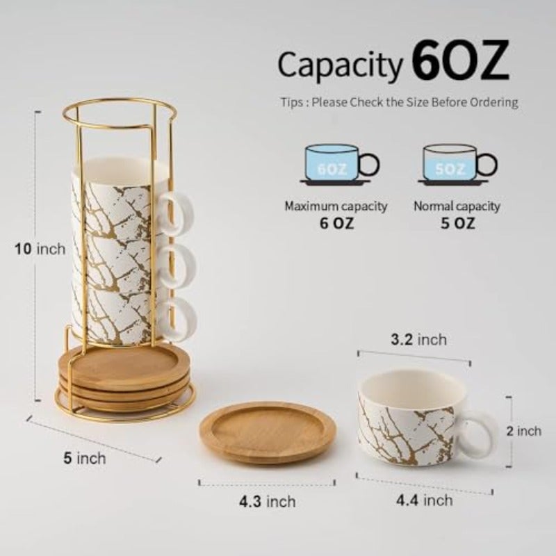 طقم 4 أكواب إسبرسو من البورسلين بسعة 6 أونصة مع قاعدة معدنية قابلة للتكديس 180 مل من فنجان السيراميك ديمايتاس مثالي لللاتي كوفي وكابوتشينو وموكا وشاي أبيض - Image 2
