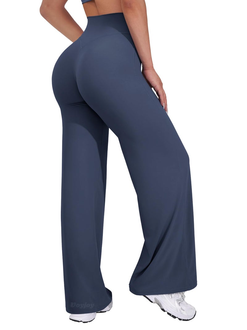 VOYJOY Straight Leggings Bottoms Wide Leg Pants for Women 29"/ 31.5"/33"/35" High Waist Stretch Casual Sweatpants Navy Blue - Image 1
