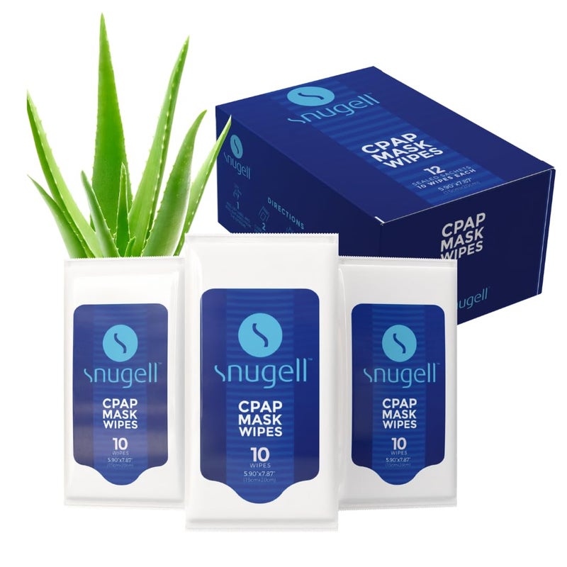 Snugell Unscented Travel CPAP Mask Wipes 12 Packs 10 Sheets Each 100 Soft Cotton SkinSafe with Aloe Vera Lint and Alcohol Free Perfect OntheGo Cleaning Sanitizing CPAP Masks and Devices
