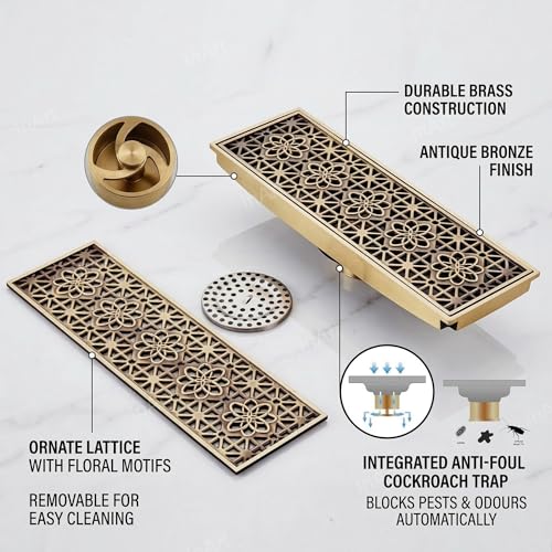 InArt Antique Brass Floor Drain Jali with Anti-Foul Cockroach Trap for Bathroom & Kitchen | Easy Clean, Durable, Fits 4" Pipes, Bronze Finish (Antique) - 5 Year Warranty - Image 2