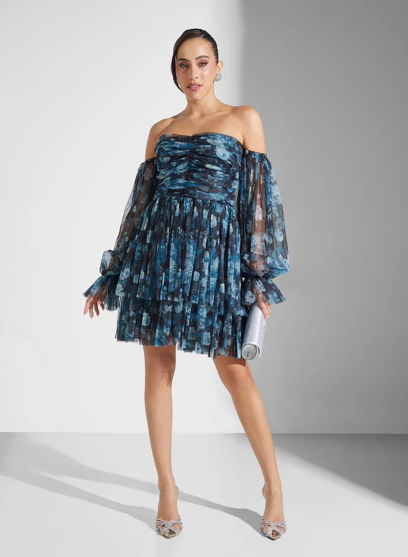 Lace and Beads Floral Chiffon Dress