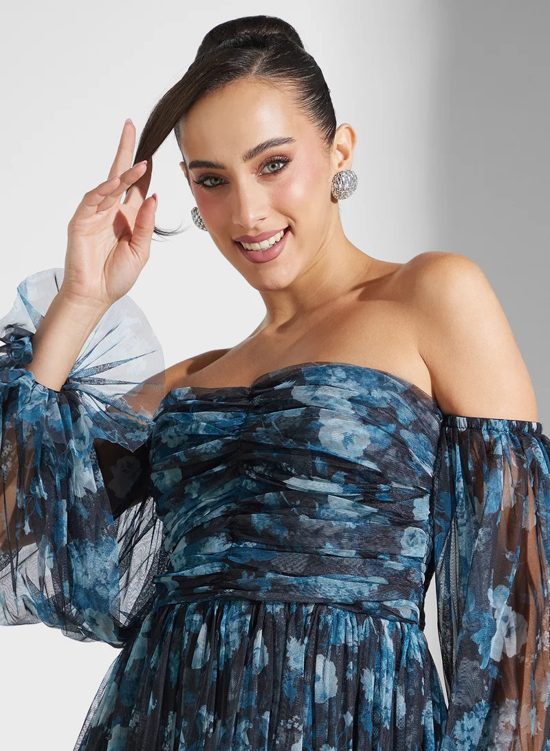 Lace and Beads Floral Chiffon Dress