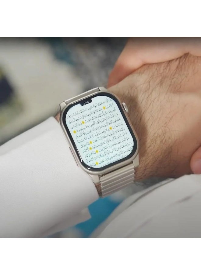 Denx An Islamic smart watch with prayer times, daily dhikr, Hijri calendar, Qur’an, Qur’an recitation, praise, and Qibla direction on a full screen and with IP67 wireless charging feature for resistance to water and dust. - Image 4