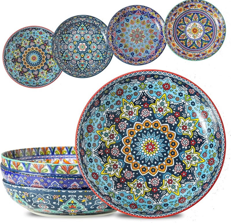 glowworm Pasta Bowls Set of 4 42 oz Ceramic Salad Bowls for Kitchen Large Serving Bowls for Ramen Fruit Housewarming Gift Dishwasher  Microwave Safe Bohemian - Image 1