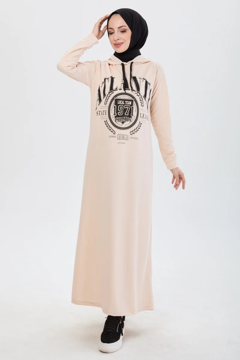 Tofisa 13086-BEJ Front Printed Hooded Hijab Dress